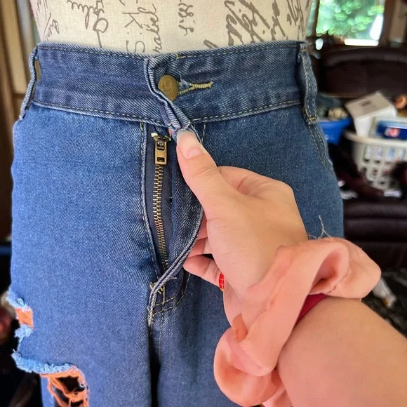 High Rise Jeans for Women Trendy 90s Denim Straight Leg Jeans orange thread rips - Picture 10 of 16